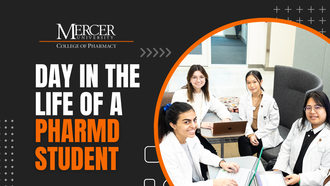 four pharmacy students studying in the pharmacy school
